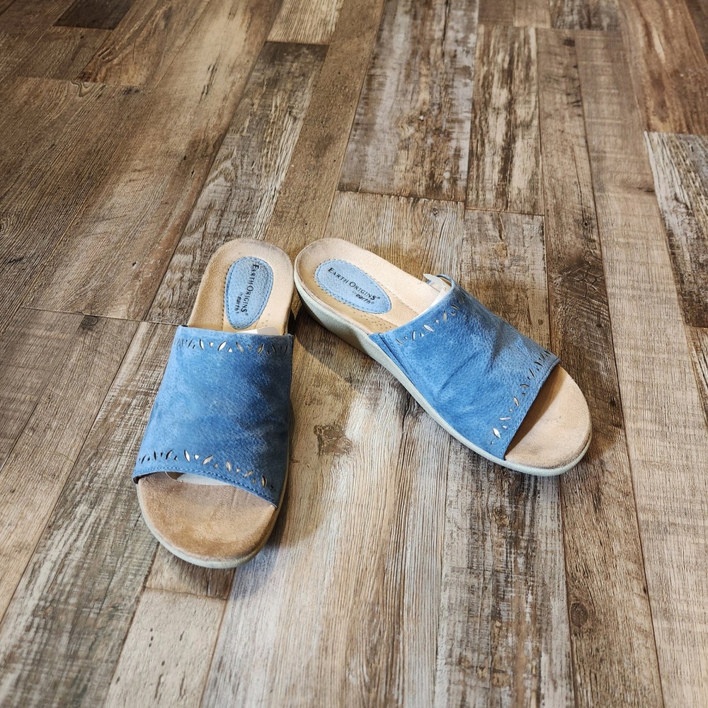 Earth Origins Valorie Blue Suede Laser Cut Slide Sandals Women Size 9 Earthy